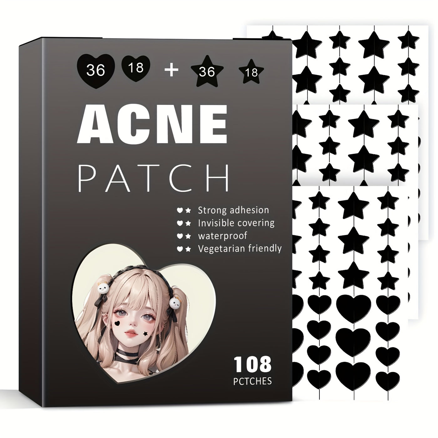 Black Heart & Star Acne Patches – Tea Tree & Centella Oil