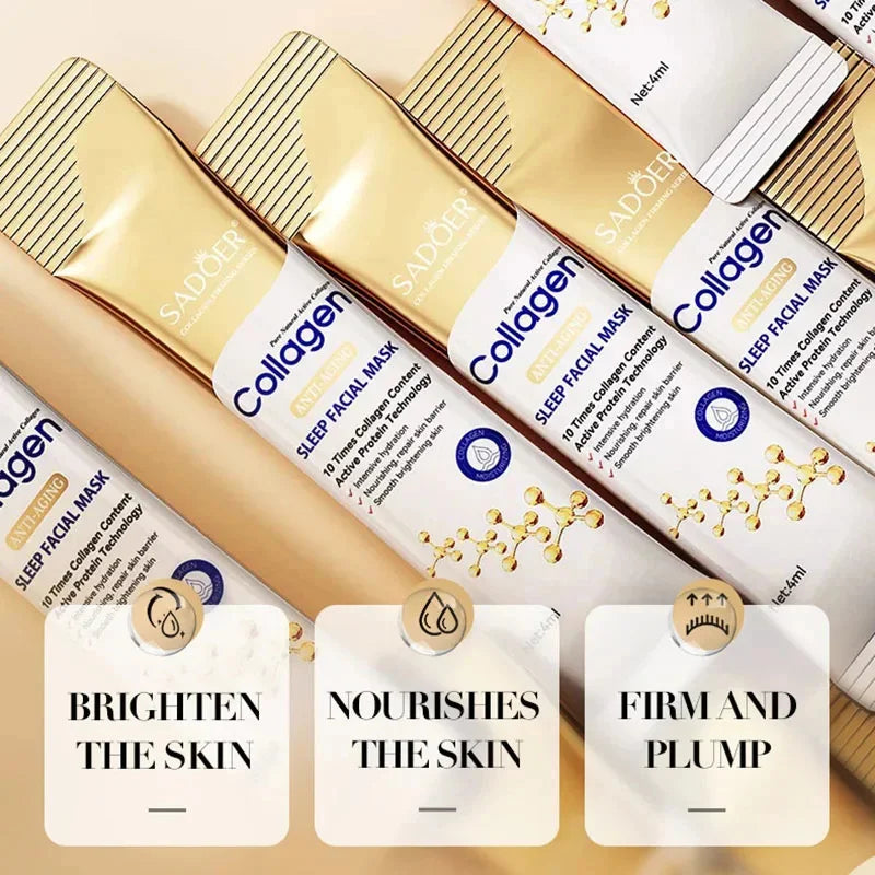 Collagen Overnight Face Mask in sleek packaging highlighting benefits: brighten the skin, nourish the skin, firm and plump.