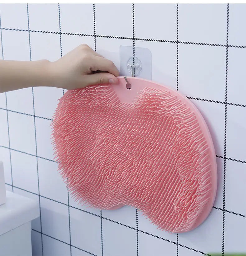 Tooletries back scrubber with hook for convenient storage