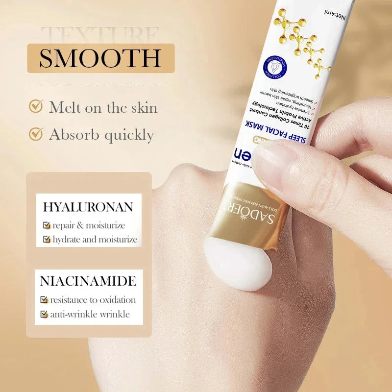 Collagen Overnight Face Mask smooth texture being applied to skin for hydration and moisture benefits.