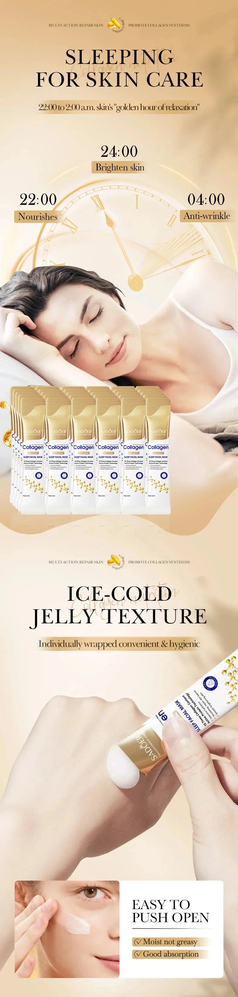 Collagen Overnight Face Mask showcased with woman sleeping, highlighting ice-cold jelly texture for hydration and care.