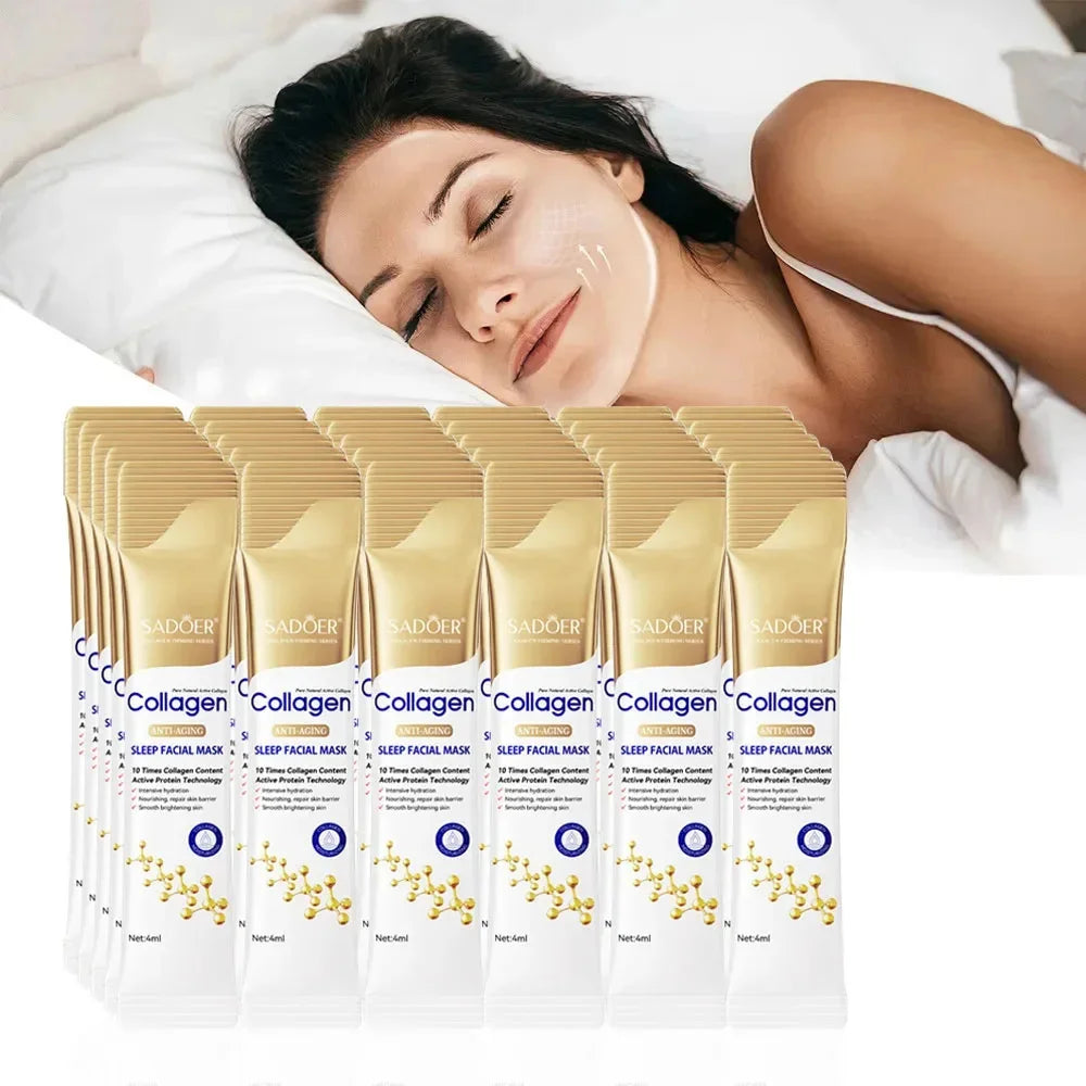 Collagen Overnight Face Mask displayed with a model enjoying skincare benefits while resting in bed.