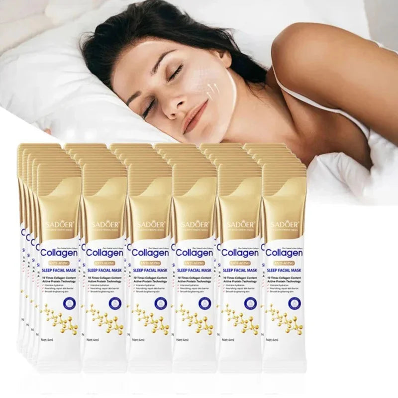 Collagen Overnight Face Mask packaging beside a woman enjoying skincare while sleeping for hydration and brightening.