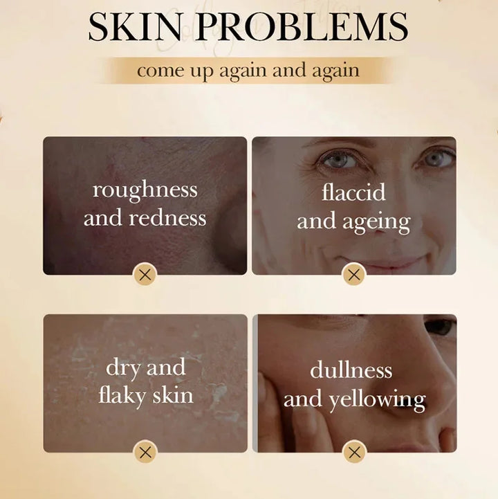 Skin problems overview including roughness, flaccid skin, dryness, and dullness, highlighting common skin issues.