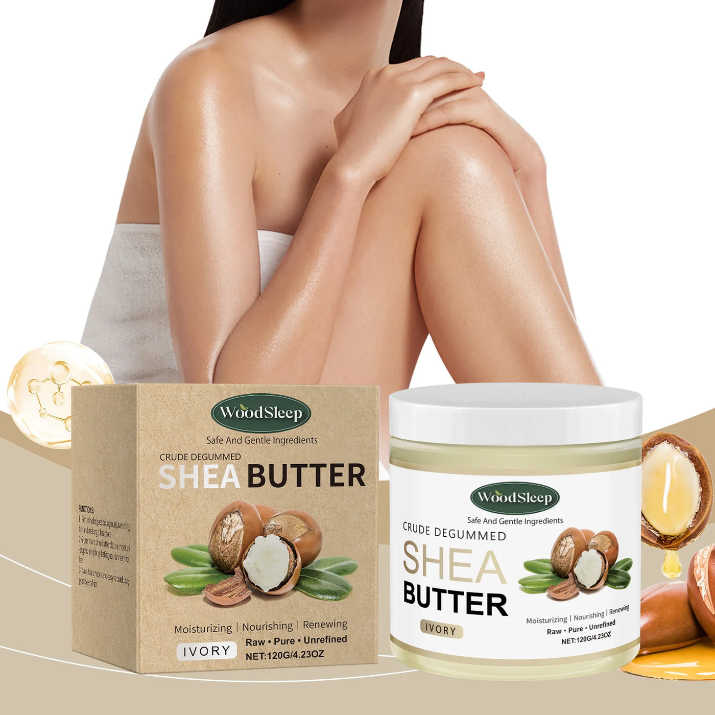 Natural Shea Butter Moisturizer – Deep Hydration for Dry Skin with ivory shea butter packaging and smooth skin.