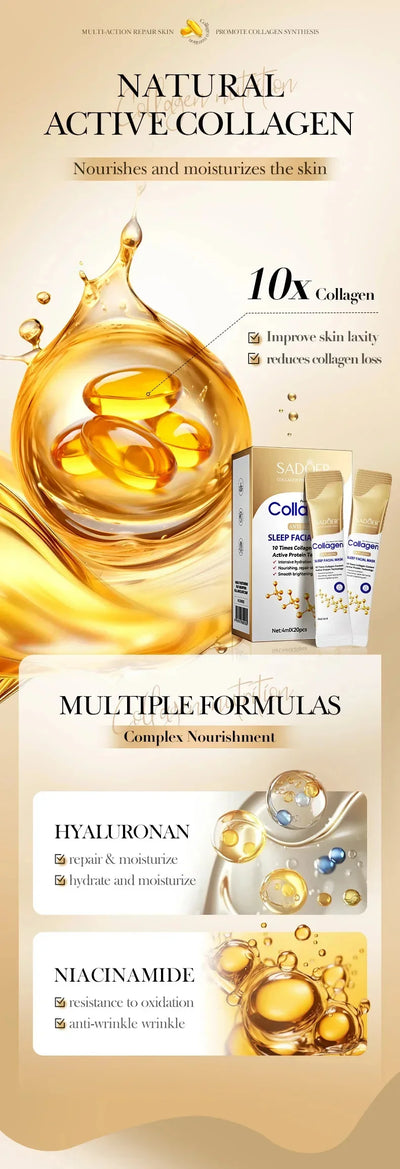 Collagen Overnight Face Mask image showcasing natural active collagen ingredients for hydration and skin nourishment.