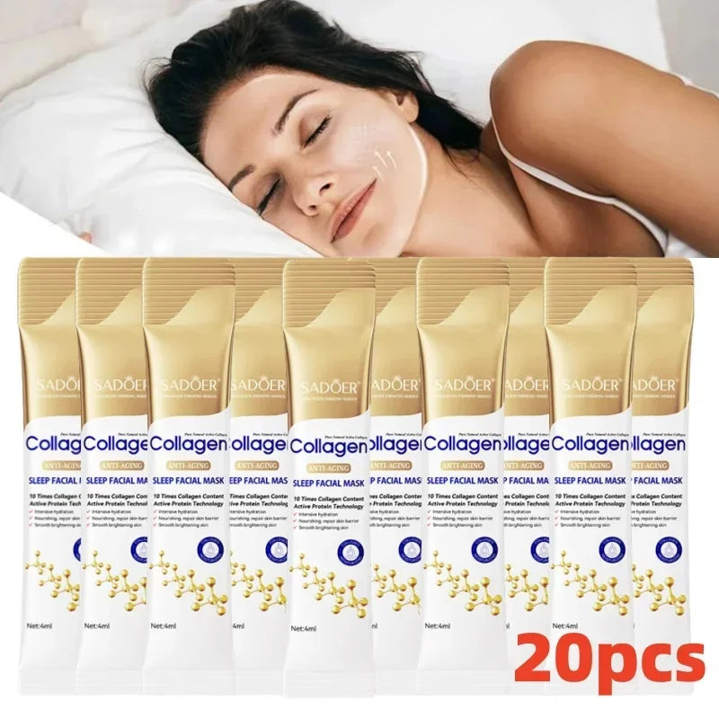 Collagen Overnight Face Mask packets on display with a woman applying the mask for hydration and firming care.