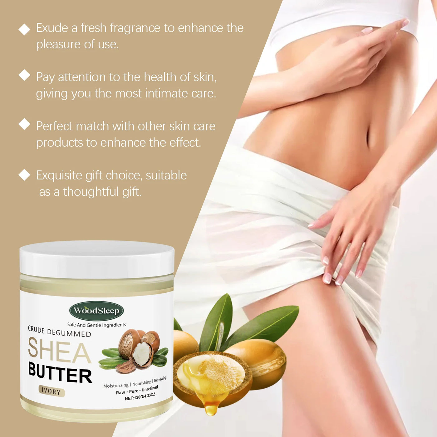 Natural Shea Butter Moisturizer – Deep Hydration for Dry Skin in a jar with hands applying it to smooth skin.